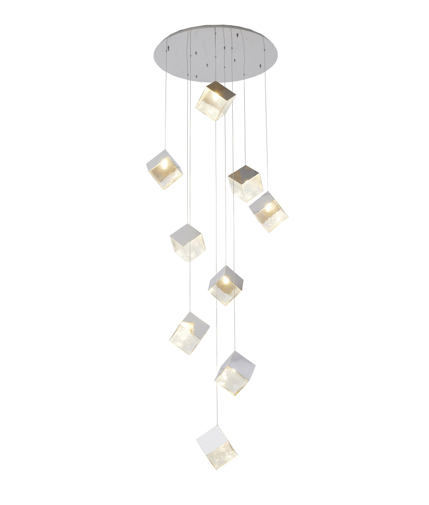9-Light Chrome Cubed Chandelier With A Clear Distorted Glass Shades