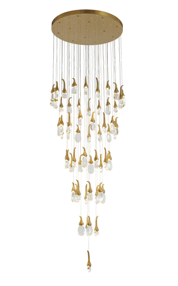 60-Light Antique Brass LED Chandelier With Hanging Crystals