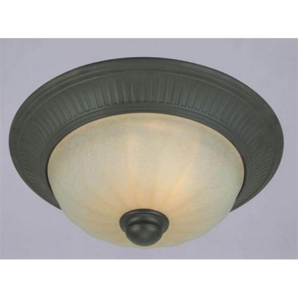 2 Light Flush Ceiling Fixture Weathered Bronze Finish with Amber Mist Glass