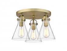 Innovations Lighting 410-3F-BB-G411-7CL - Newton Cone - 3 Light - 18 inch - Brushed Brass - Semi-Flush Mount