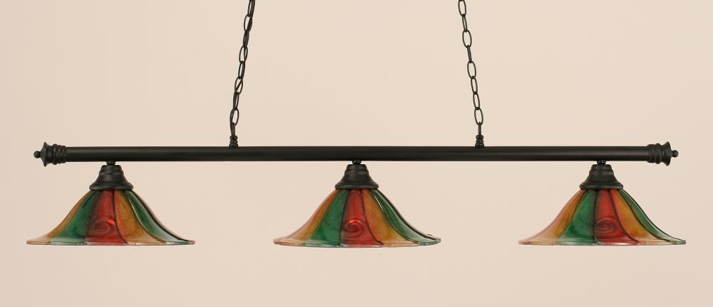 Three Light Mardi Gras Glass Matte Black Pool Table Light