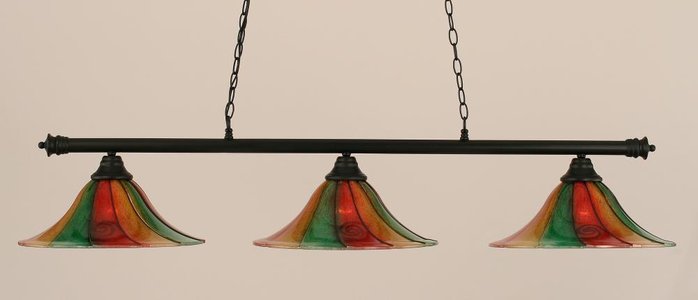 Three Light Mardi Gras Glass Matte Black Pool Table Light