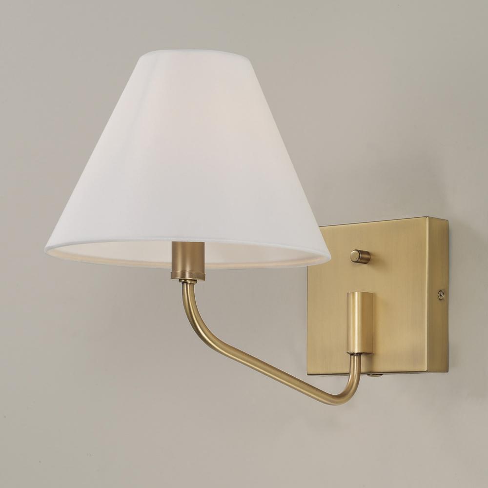 1-Lt Swivel Armed Sconce in Aged Brass & Tapered White Fabric Shade w/ Optional Plug-in & Cord Cover