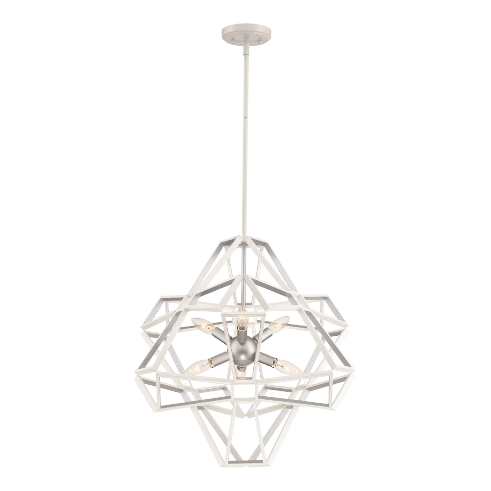 Unity 6-Light, Geometric Chandelier in Satin White & Silver
