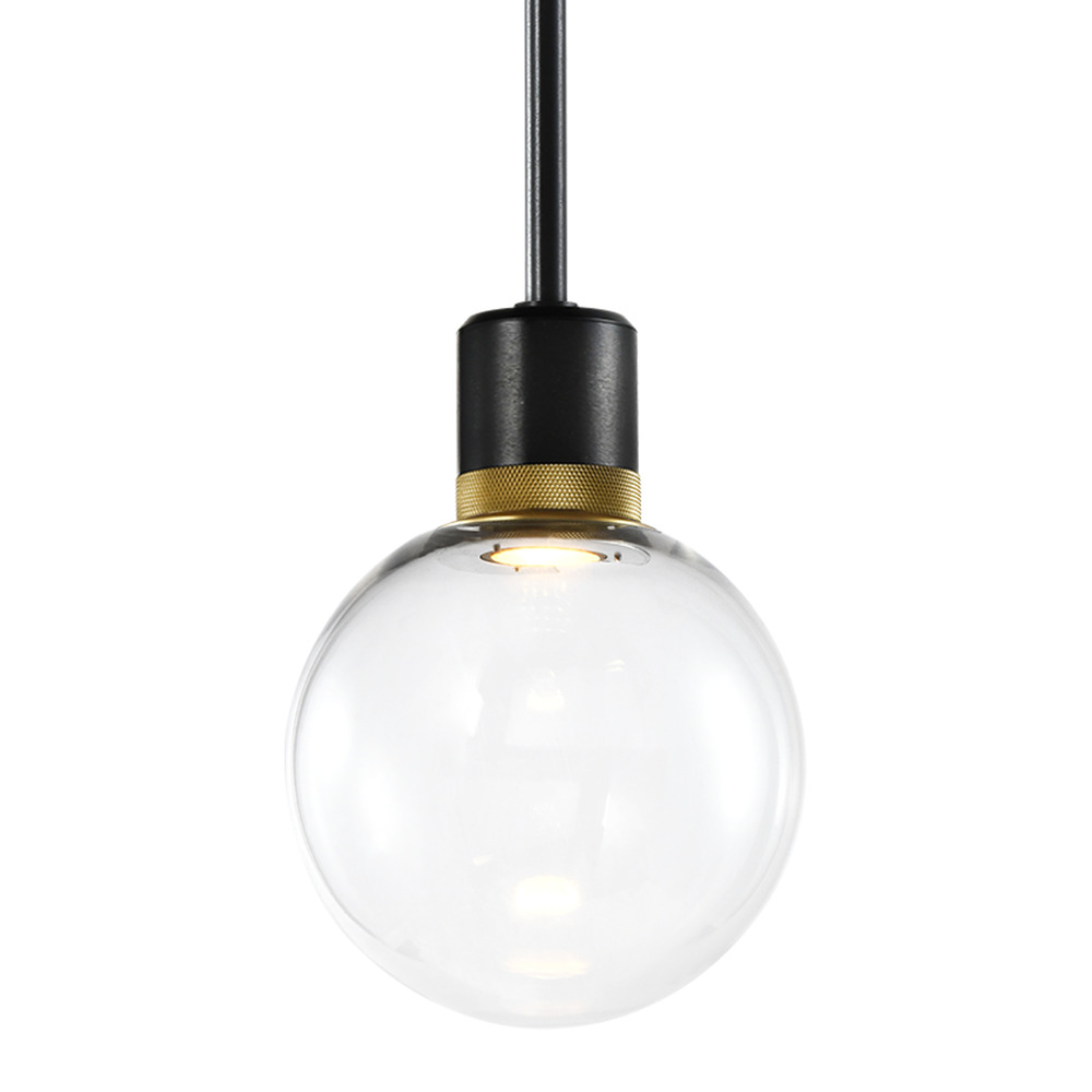 Zigrina Globe Glass LED Pendant in Black and Brass Knurled Ring