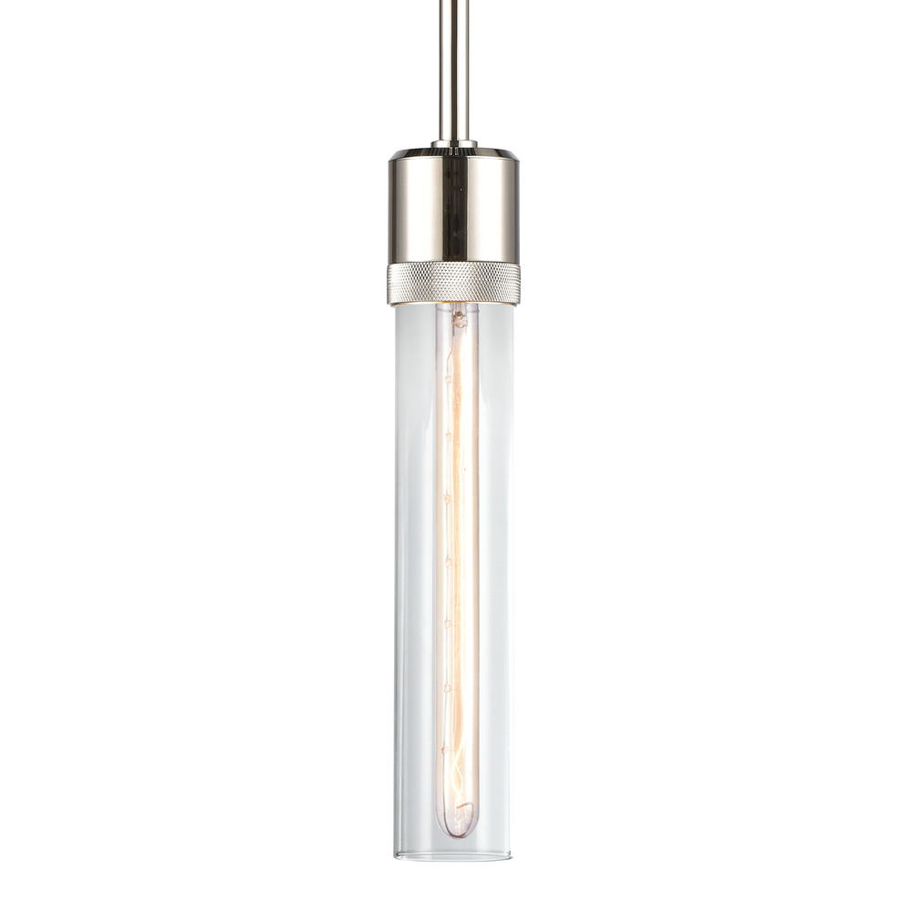 Zigrina 12" Clear Glass E26 Pendant with Knurled Ring Polished Nickel