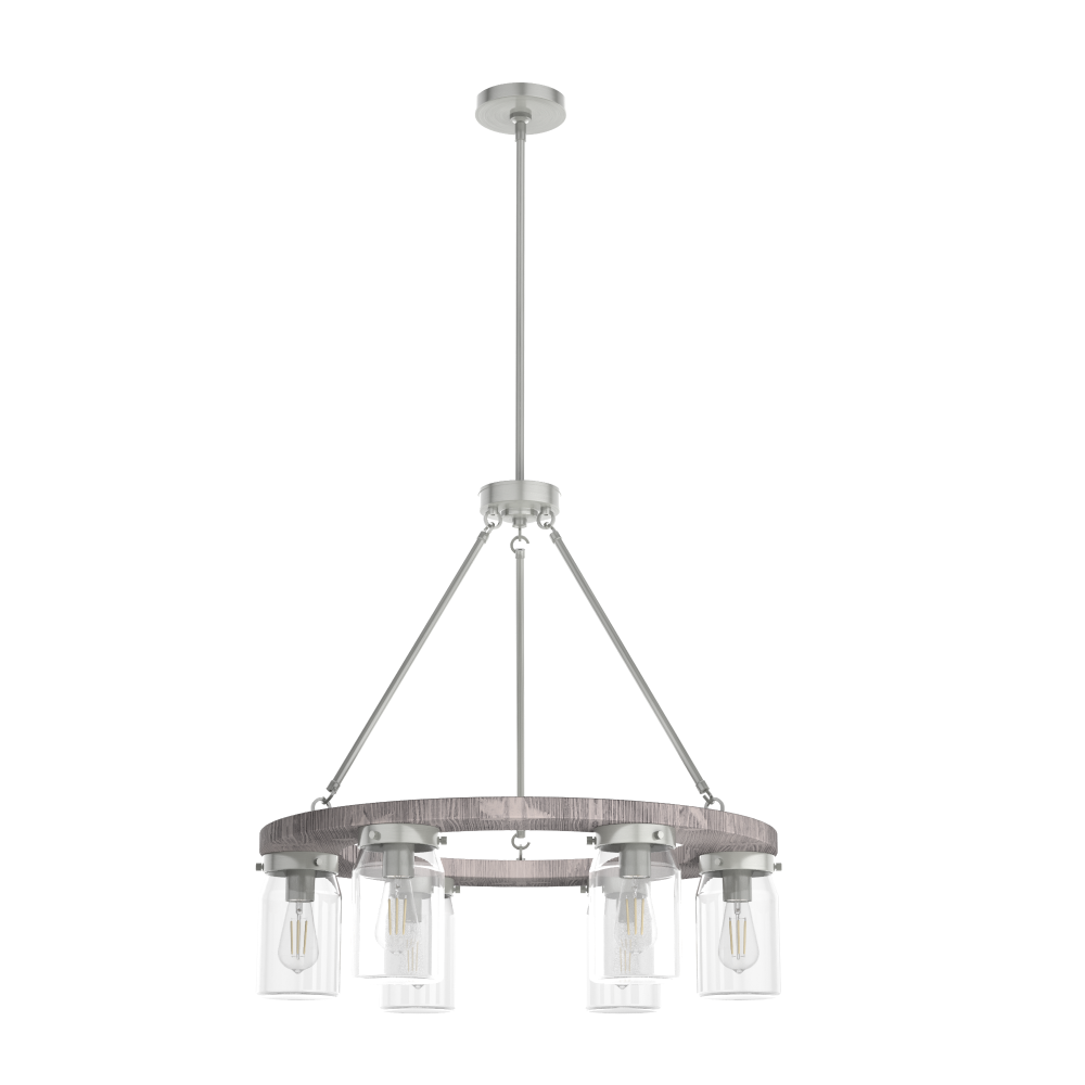 Hunter Devon Park Brushed Nickel and Grey Wood with Clear Glass 6 Lt Chandelier Ceiling Lt Fixture