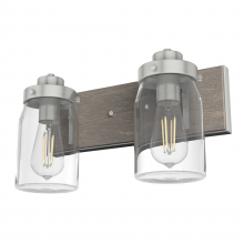 Hunter 48019 - Hunter Devon Park Brushed Nickel and Grey Wood with Clear Glass 2 Lt Bathroom Vanity Wall Lt Fixture