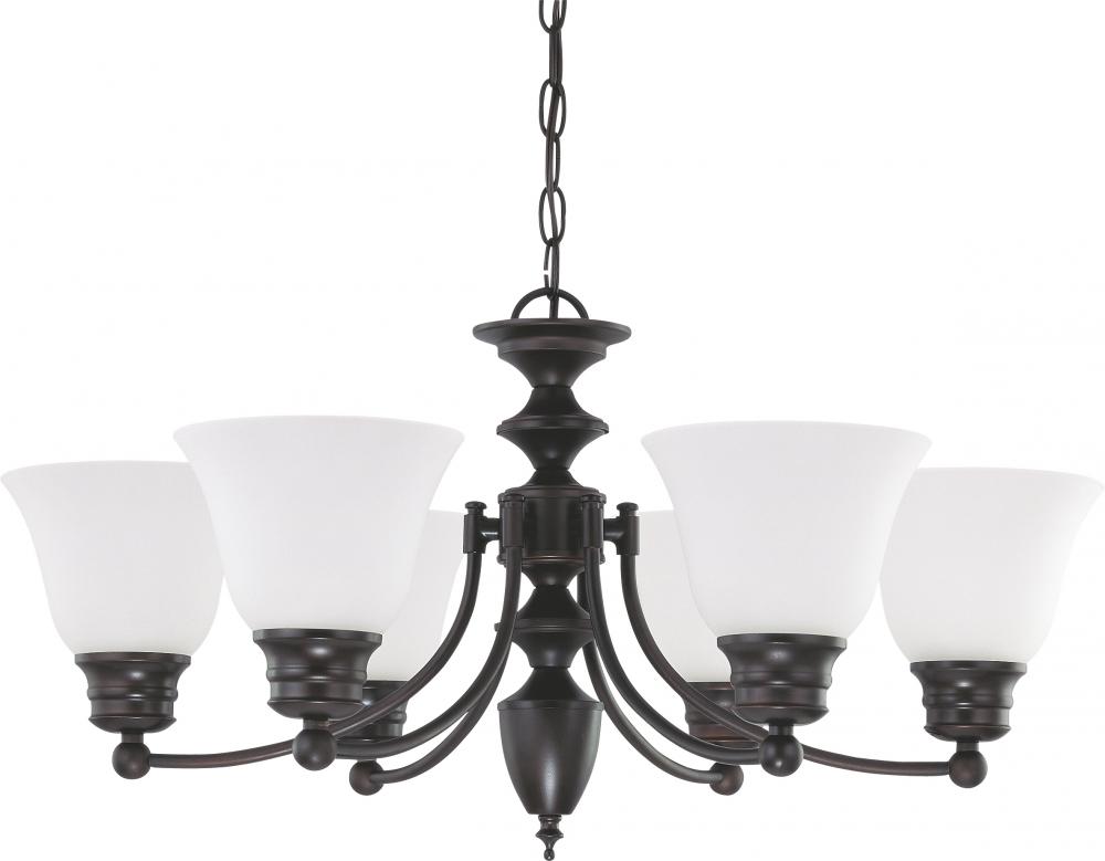 Empire; 6 Light; 26 in.; Chandelier with Frosted White Glass; Mahogany Bronze Finish