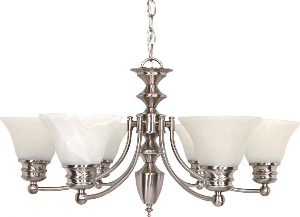 Empire; 6 Light; 26 in.; Chandelier with Alabaster Glass Bell Shades; Brushed Nickel Finish