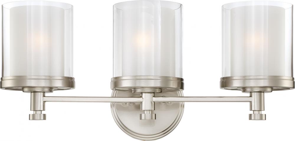 Decker; 3 Light; Vanity Fixture with Clear and Frosted Glass; Brushed Nickel Finish